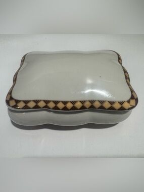 Amita Porcelain Decorative Trinket Box with Brown Checkered Trim